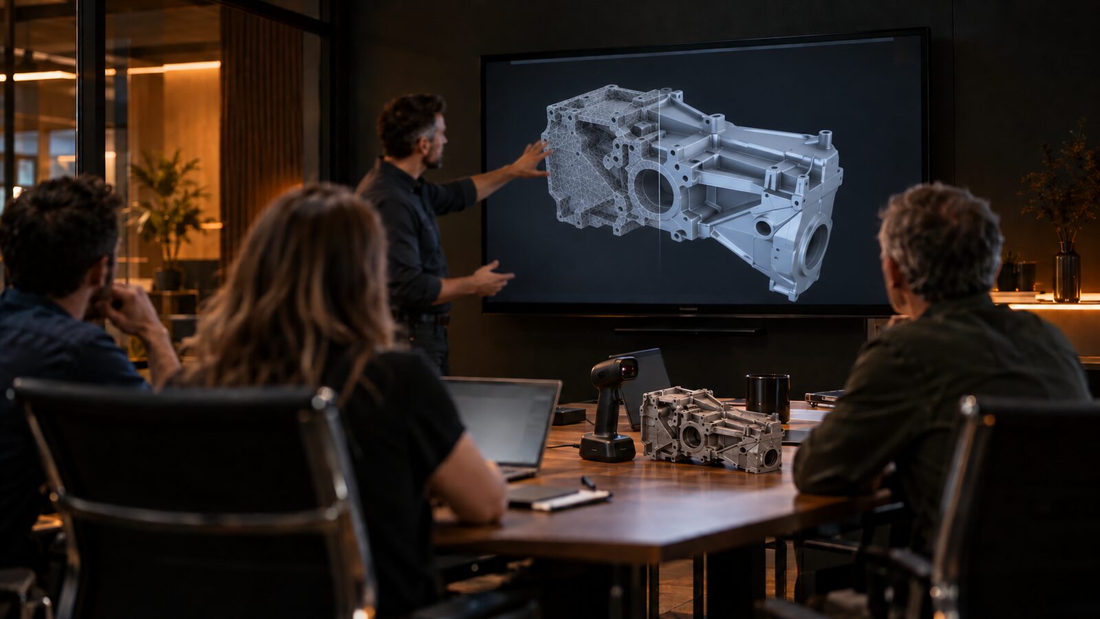 Engineering team reviewing a 3D scan mesh beside the finished CAD model, with a handheld scanner and the part on the table