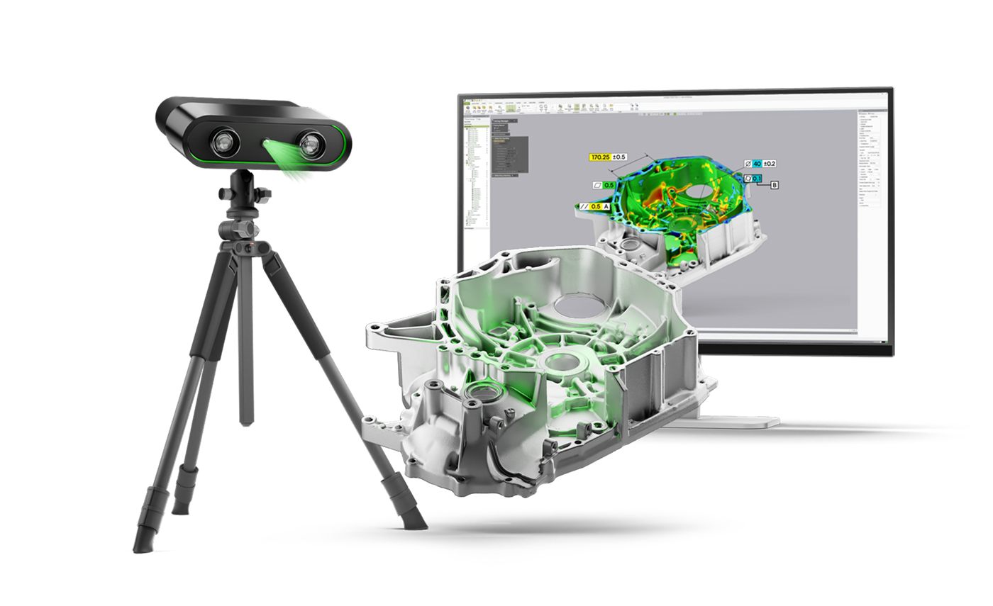 3D scanner on a tripod next to a monitor showing a Geomagic Control X deviation inspection of a cast part