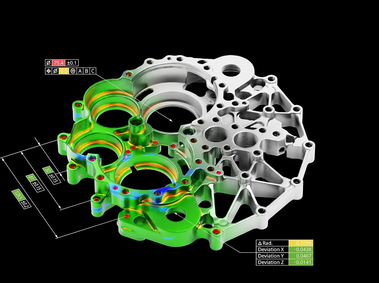 Geomagic Control X colour deviation map and GD&T callouts on a machined aluminium part compared to CAD