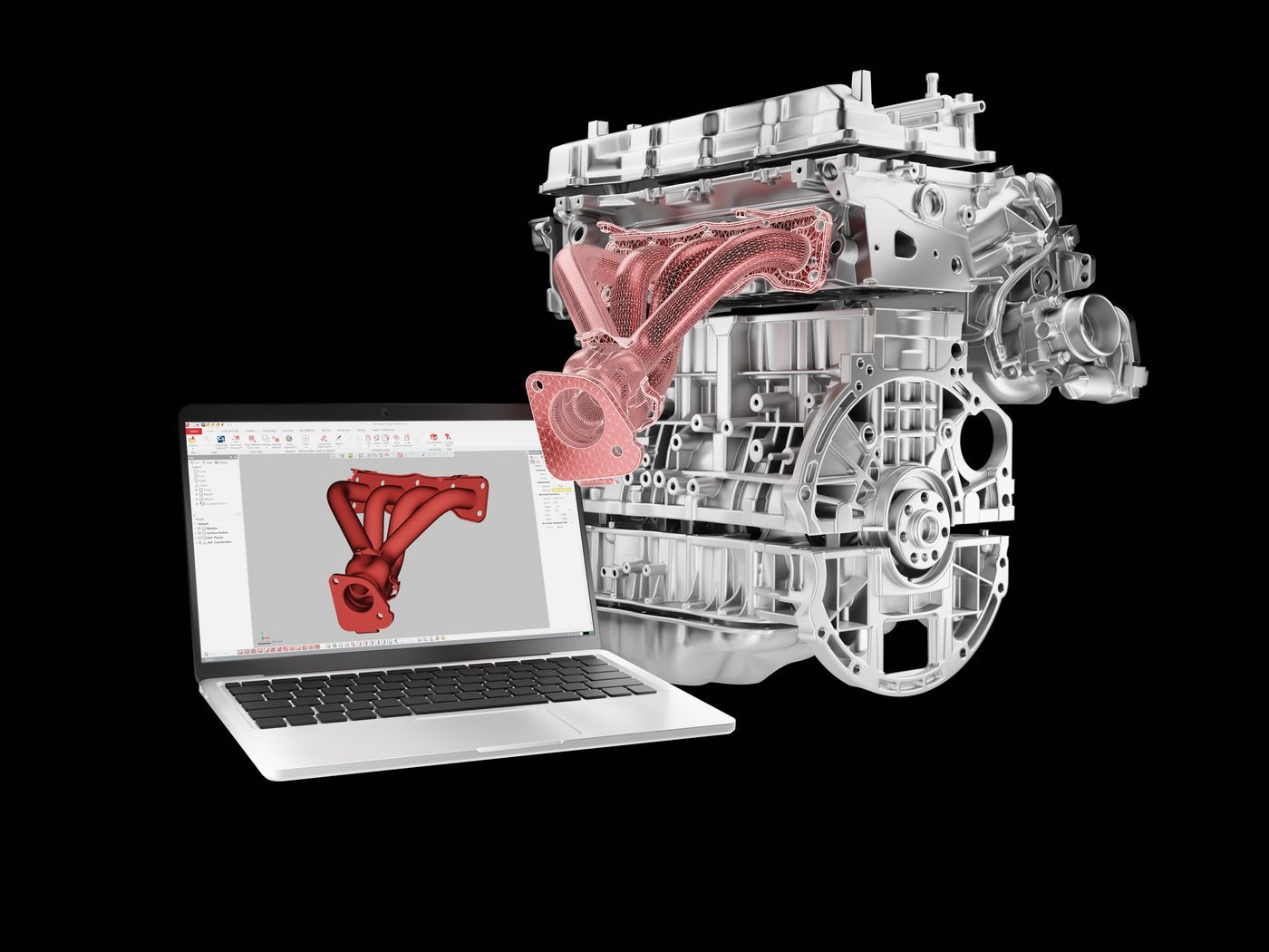 Geomagic Design X reverse engineering an engine exhaust manifold from a 3D scan into a CAD model on a laptop