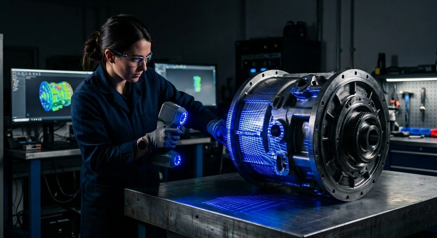 Engineer using handheld 3D scanner on industrial component with blue structured light, OptimumARC Canada
