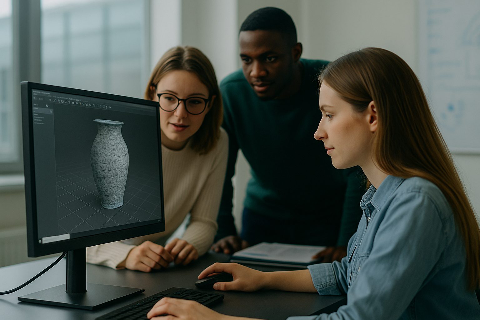 Engineering students working through a 3D scanned mesh model together at a college lab workstation