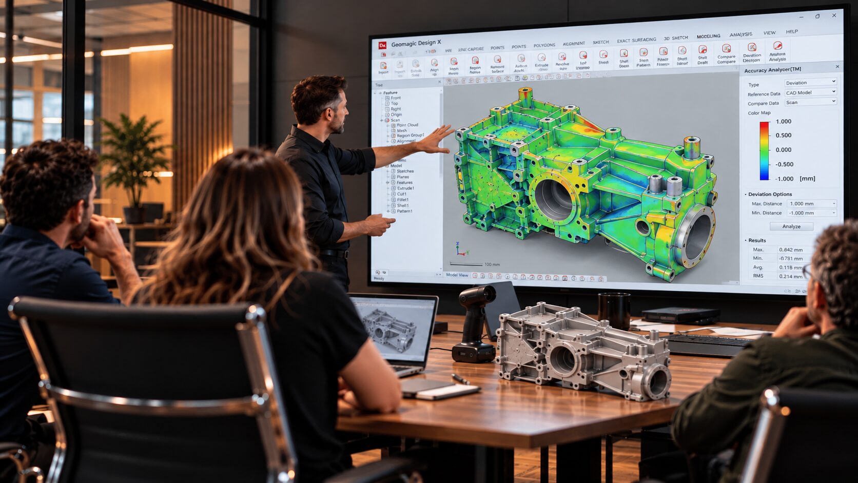 A team reviewing the colour deviation map of a scanned part on a large screen, with the part and a handheld 3D scanner on the table